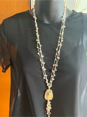 Beaded Long Pendant Necklace in Beige